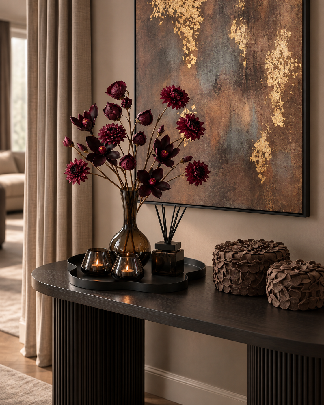 Scabiosa Spray Burgundy 94 cm – warme kunsttak