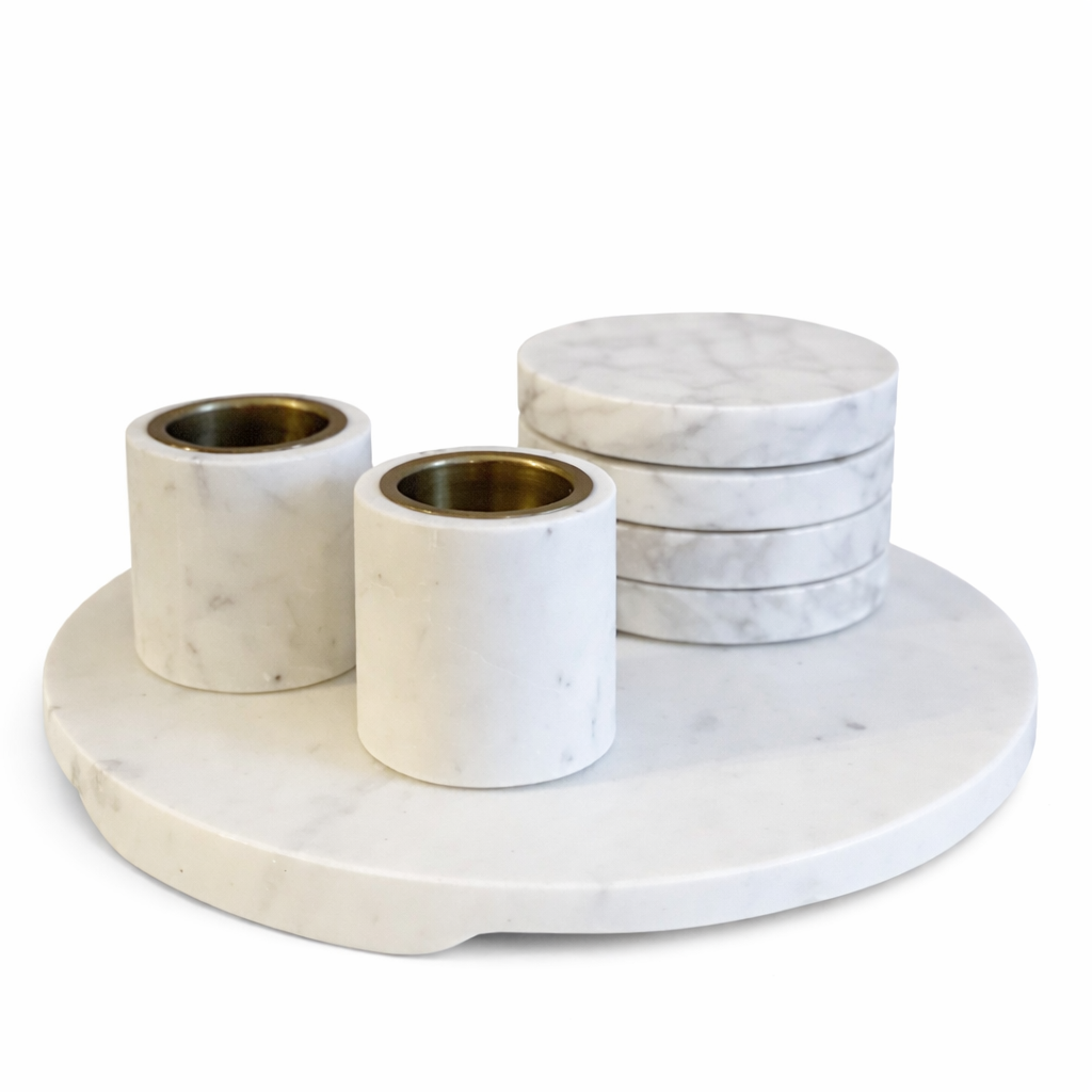 Marmeren Decoratieset – Dienblad, Onderzetters & Theelichten