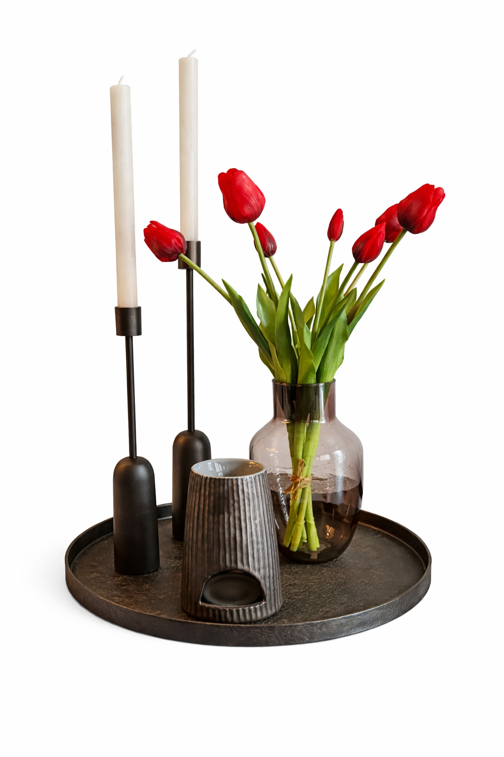 Complete styling set met dienblad, vaasje, kandelaren en waxbrander