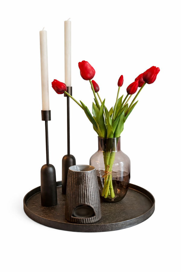 Complete styling set met dienblad, vaasje, kandelaren en waxbrander