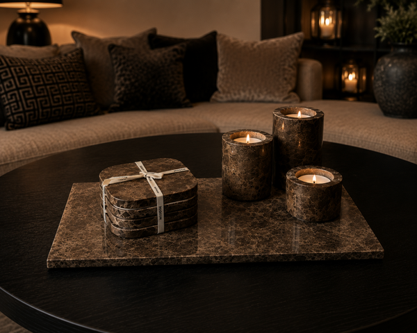 Mooisa Marmeren Styling Set – Dienblad met 3 Theelichthouders