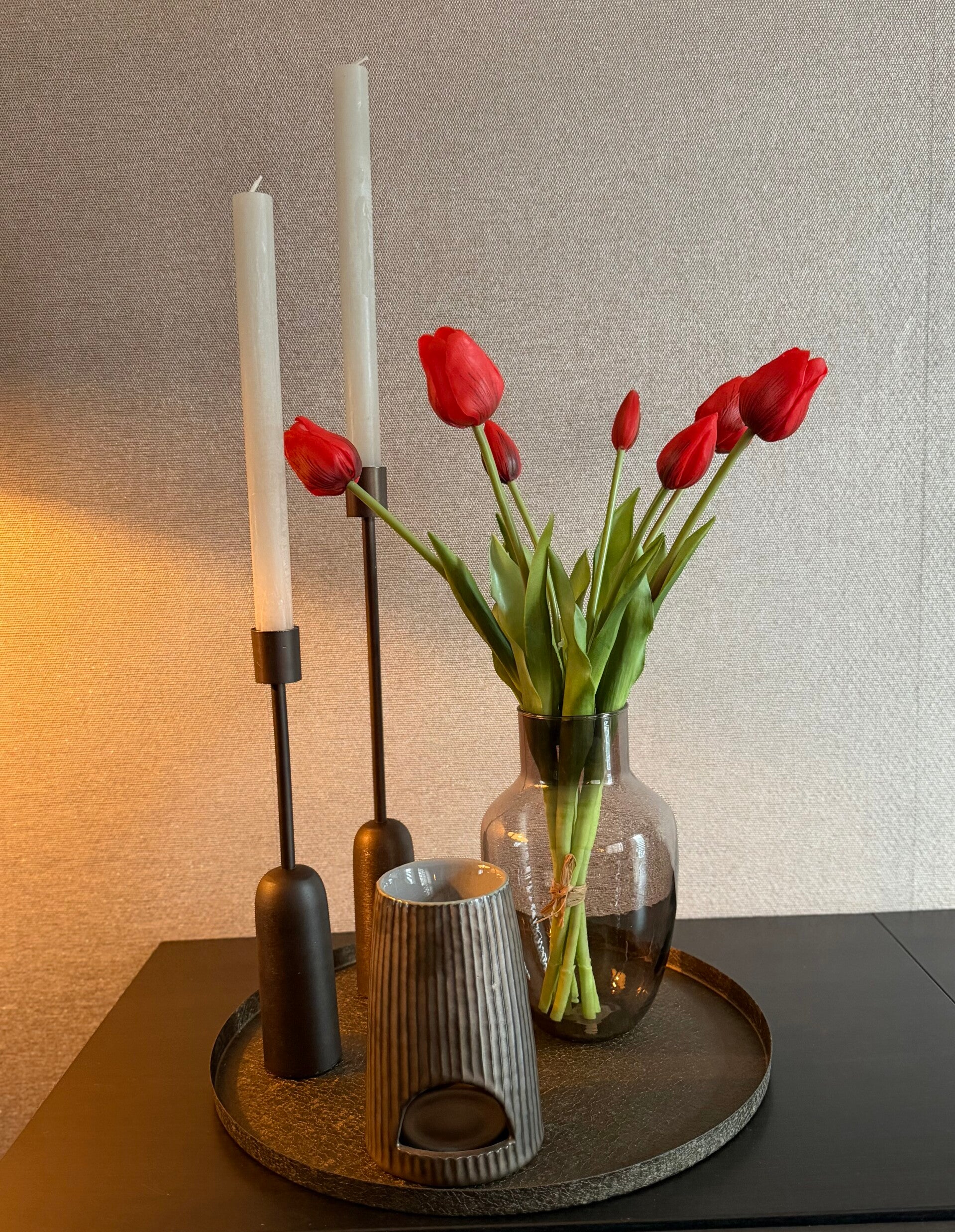 Complete styling set met dienblad, vaasje, kandelaren en waxbrander