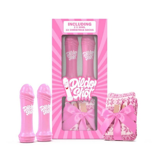 Luxe geschenkverpakking met 2 XL shots 50 ml en heerlijke warme Dildoshot kerstsokken. Doos met 8 stuks € 6,- per stuk.