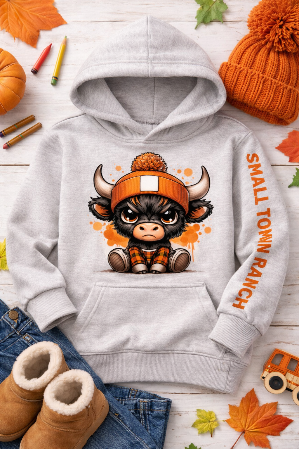 (Kids) Orange Horned Calf - Small Town Ranch Hoodie