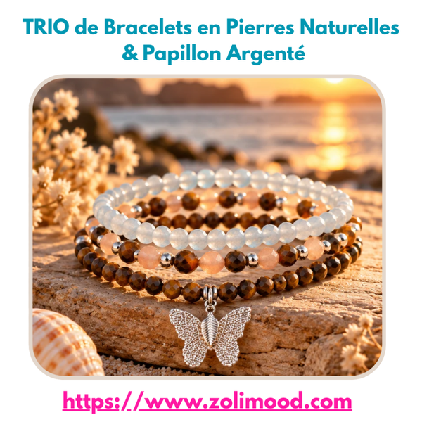 Trio de Bracelets en Pierres Naturelles & Papillon Argenté