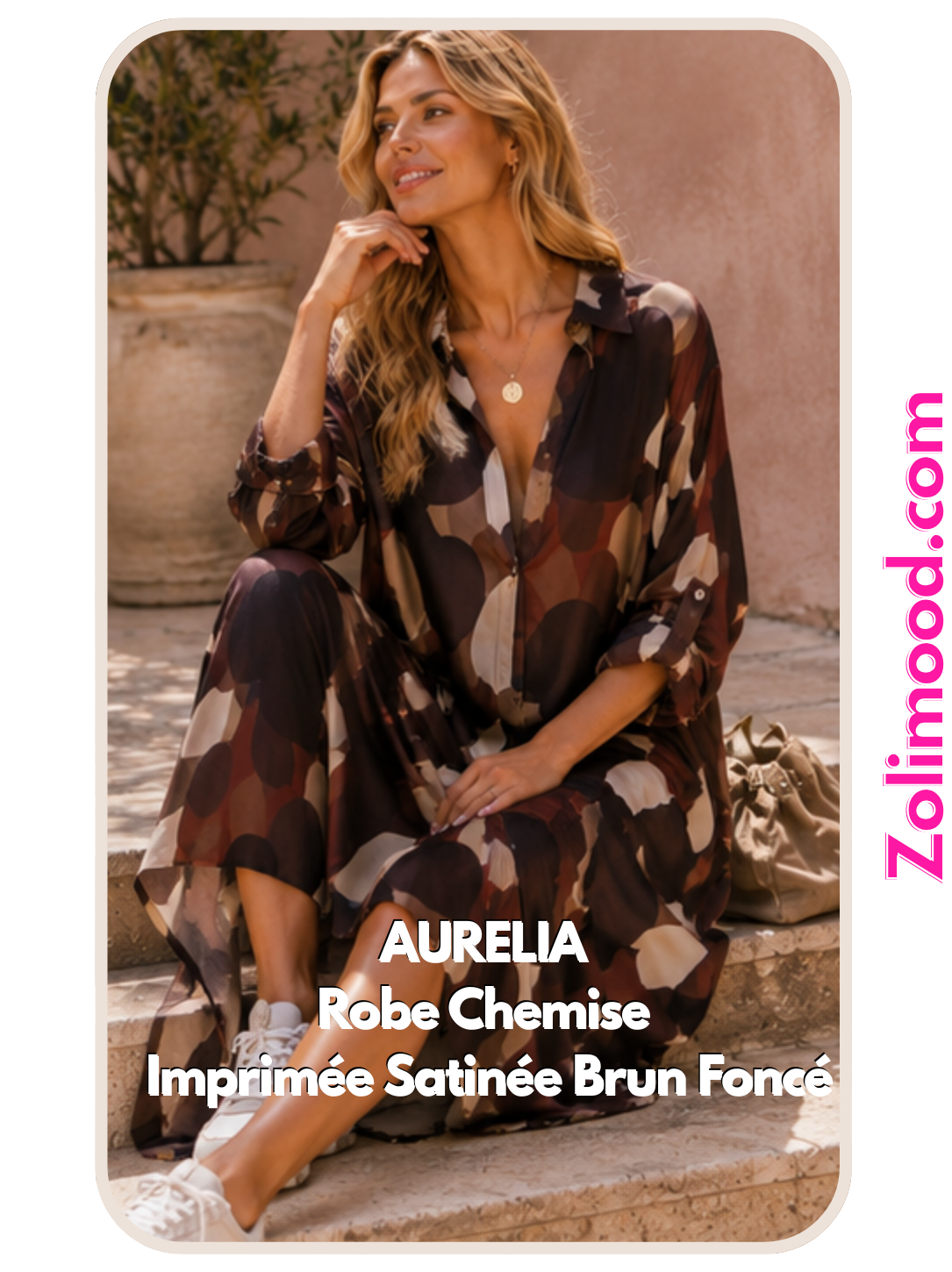 AURELIA – Robe Chemise Imprimée Satinée Brun Foncé