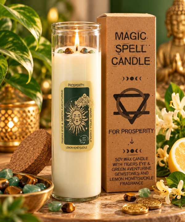 Bougie Rituel de Prospérité – Œil de Tigre & Aventurine Verte