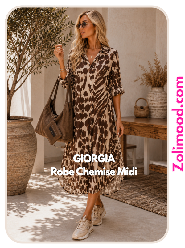 GIORGIA – Robe Chemise Midi Animalier Chocolat