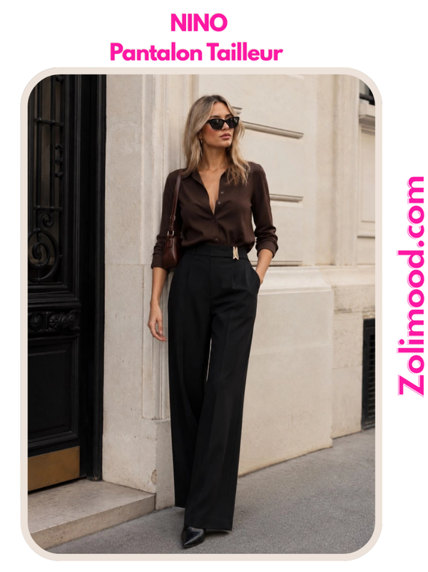 NINO  Pantalon Tailleur Large Taille Haute à Fermoir Bijou