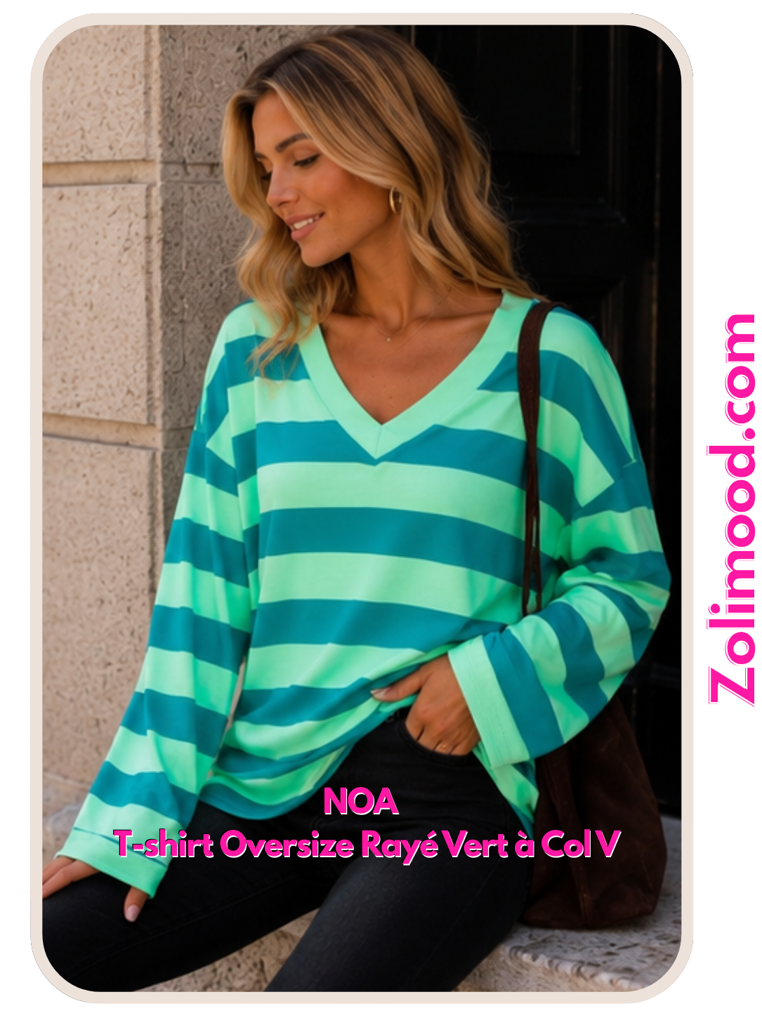 NOA – T-shirt Oversize Rayé Vert à Col V