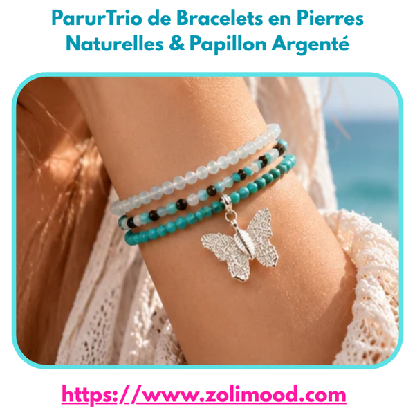 Trio de Bracelets en Pierres Naturelles & Papillon Argenté