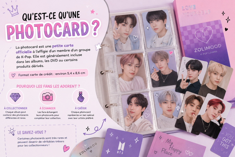 Si vous ouvrez un album de K-Pop pour la première fois, vous aurez peut-être la surprise d'y découvrir une petite carte illustrée représentant l'un des membres du groupe. Cette carte s'appelle une photocard.
