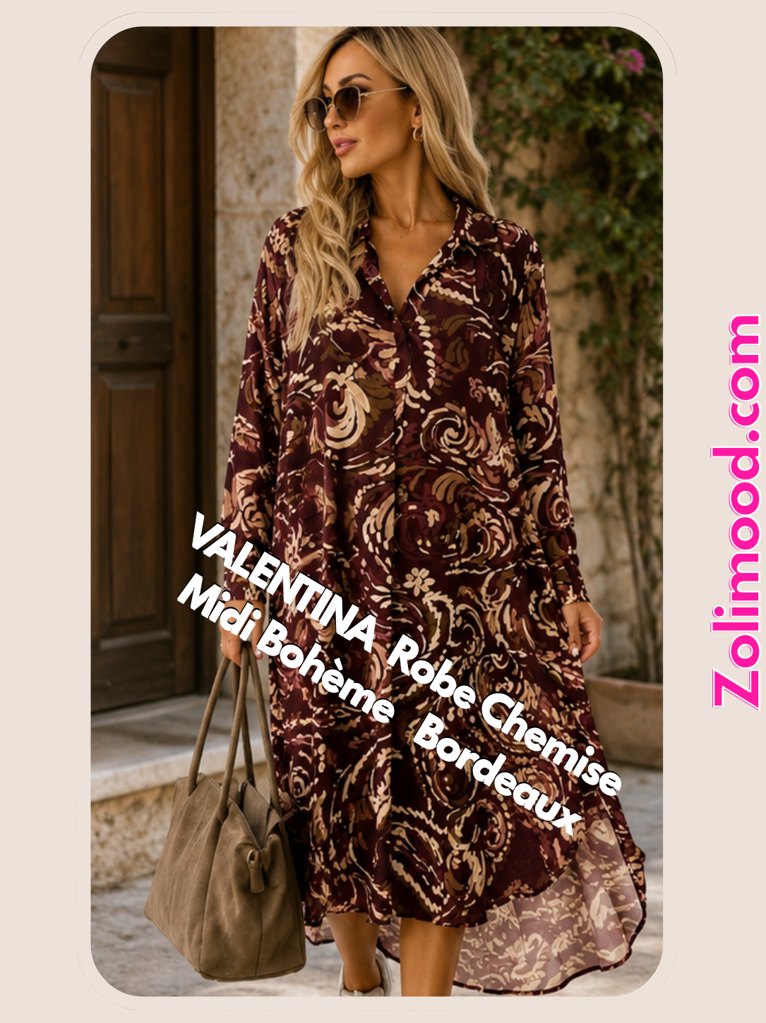 VALENTINA – Robe Chemise Midi Bohème Satinée Bordeaux