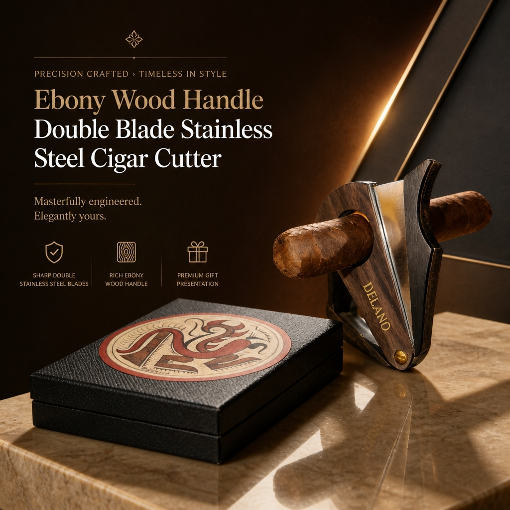 Ebony Wooden Handle Double Blade Stainless Steel Cigar Cutter.