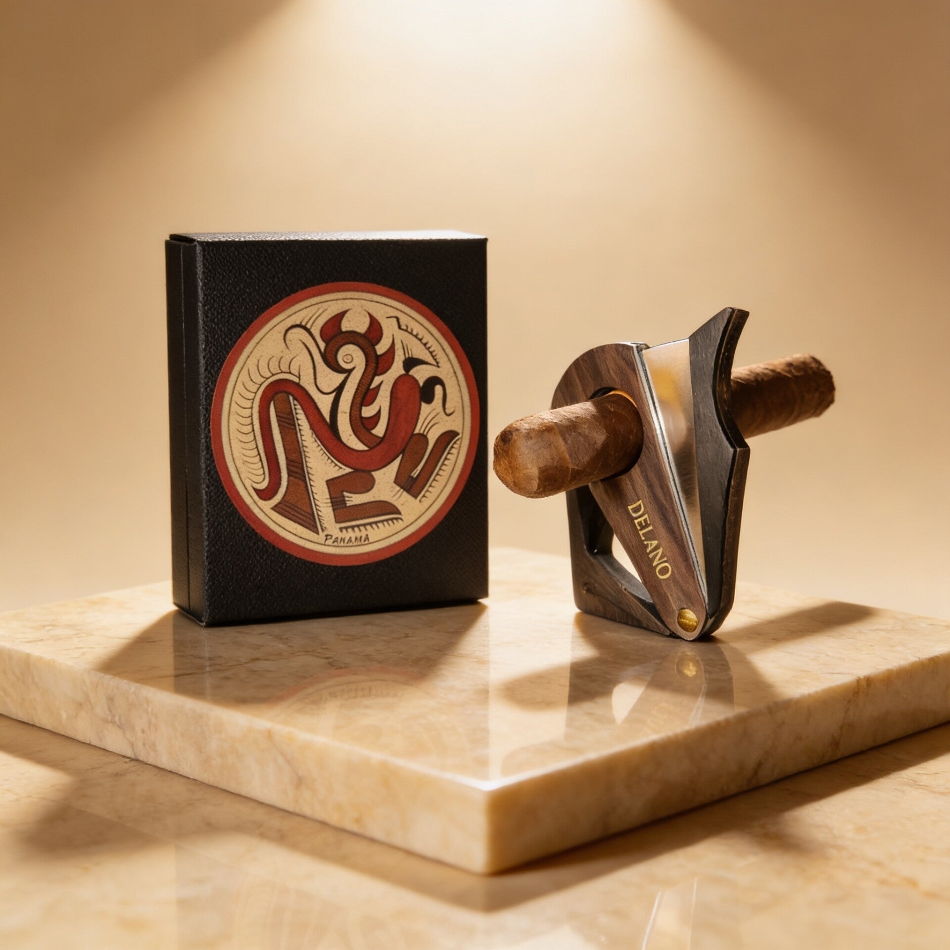Ebony Wooden Handle Double Blade Stainless Steel Cigar Cutter.
