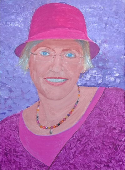 vrouw met hoedje vele kleuren paar iop schilderij