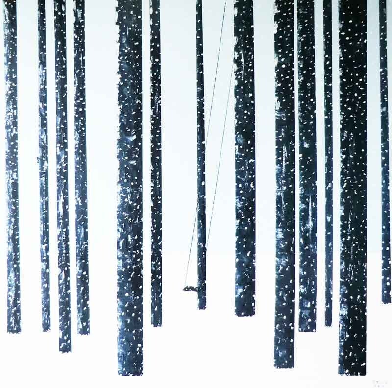 Schilderij met bomen en een schommel in da sneeuw