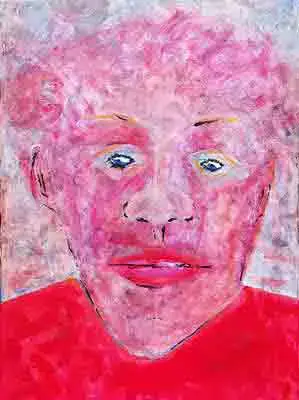 rood schilderij met man met krullend haar
