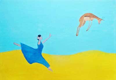 danseres met blauwe jurk en een springbok