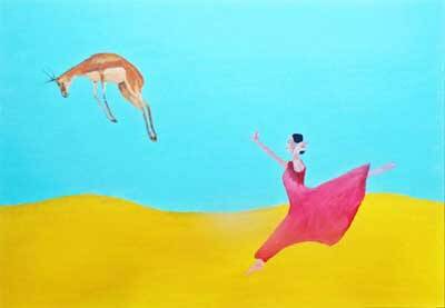 danseres met een springbok met rode jurk