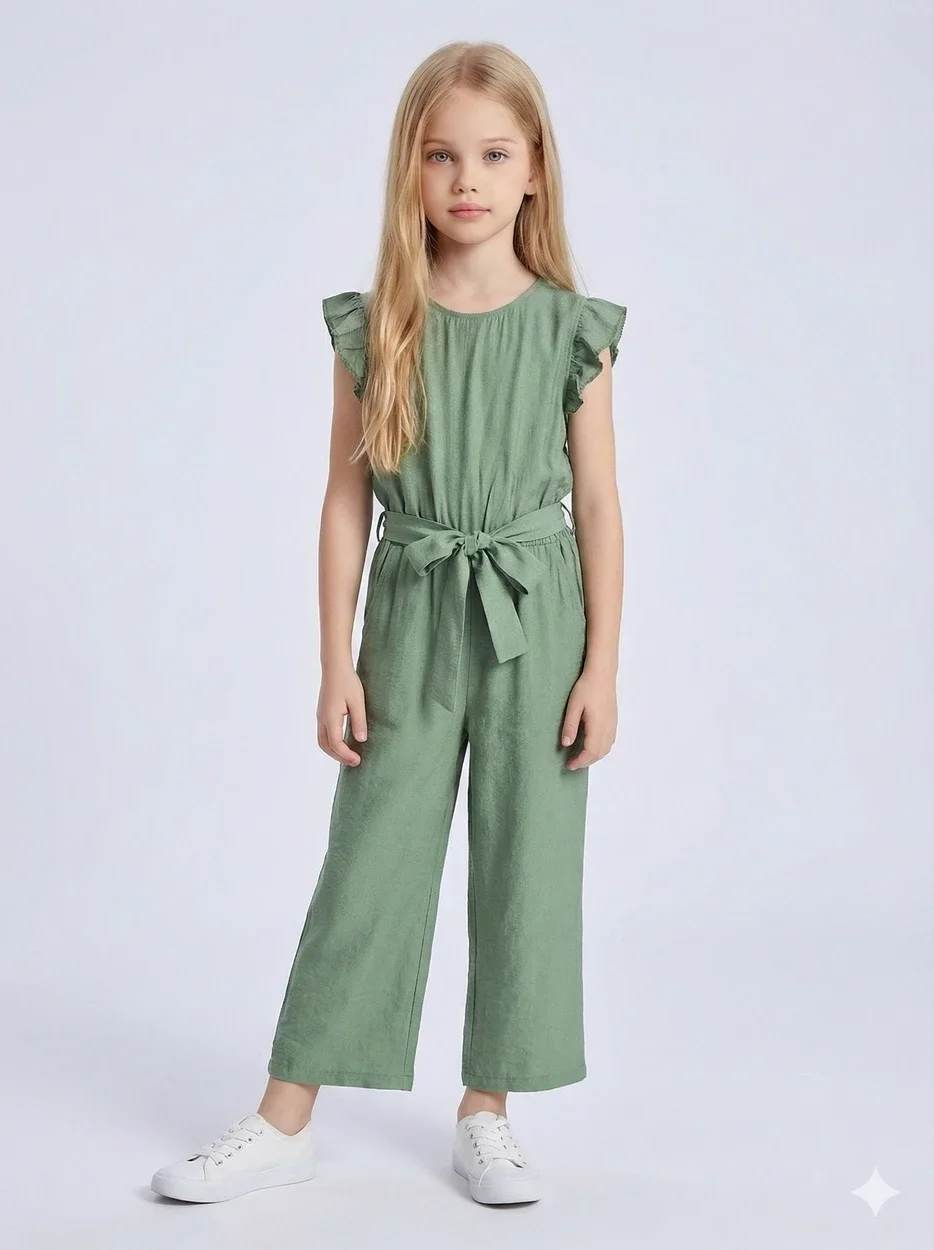 Mouwloze jumpsuit met ruches en riem, in roze en groen