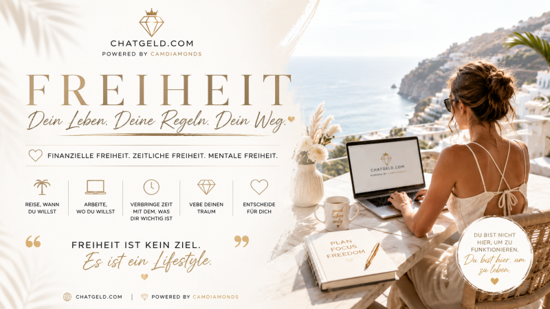 Helles luxuriöses Freiheits-Banner von Chatgeld.com powered by CamDiamonds mit Frau am Laptop am Meer sowie inspirierenden Botschaften zu finanzieller Freiheit, flexiblem Arbeiten und selbstbestimmtem Lifestyle.