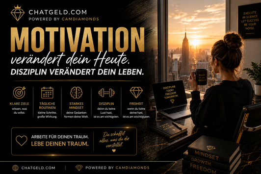 Motivationsbanner von Chatgeld.com powered by CamDiamonds mit luxuriösem Schwarz Gold Design und inspirierenden Botschaften zu Motivation Disziplin Erfolg und Freiheit