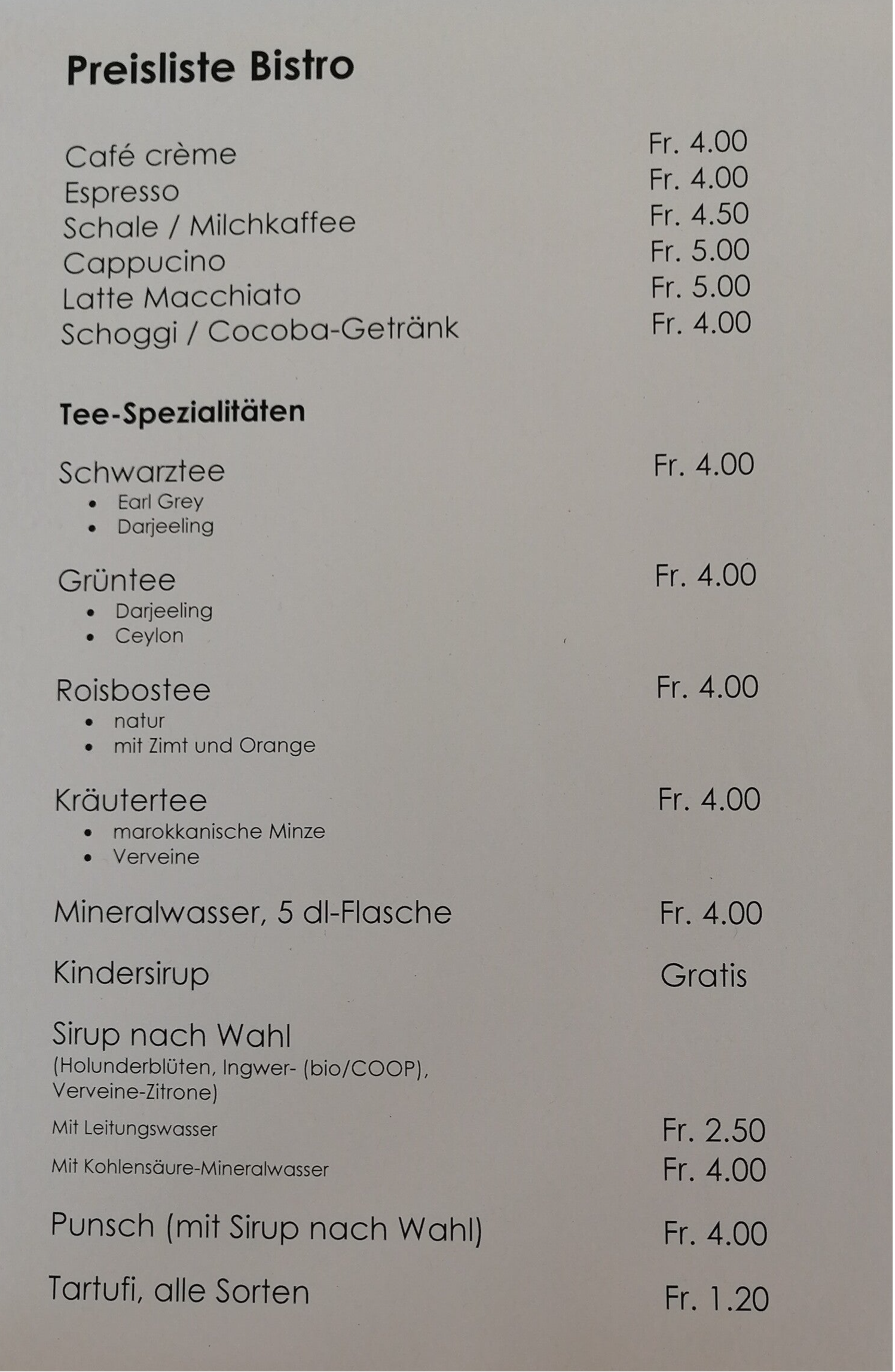 Getränkekarte, Preisliste, Bistro claro fairtrade Gelterkinden