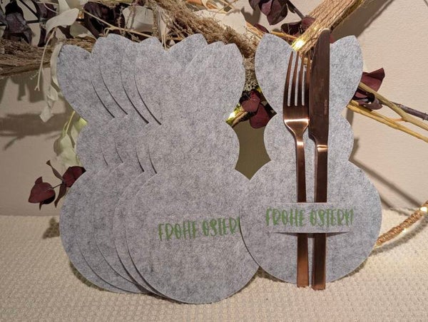 6x Bestecktasche Hase aus Filz hellgrüne Schrift