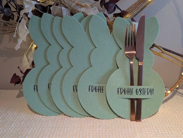 6x Bestecktasche Hase aus Filz dunkelblaue Schrift