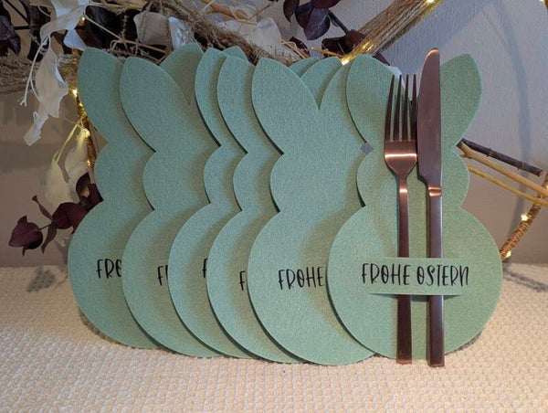 6x Bestecktasche Hase aus Filz schwarze Schrift