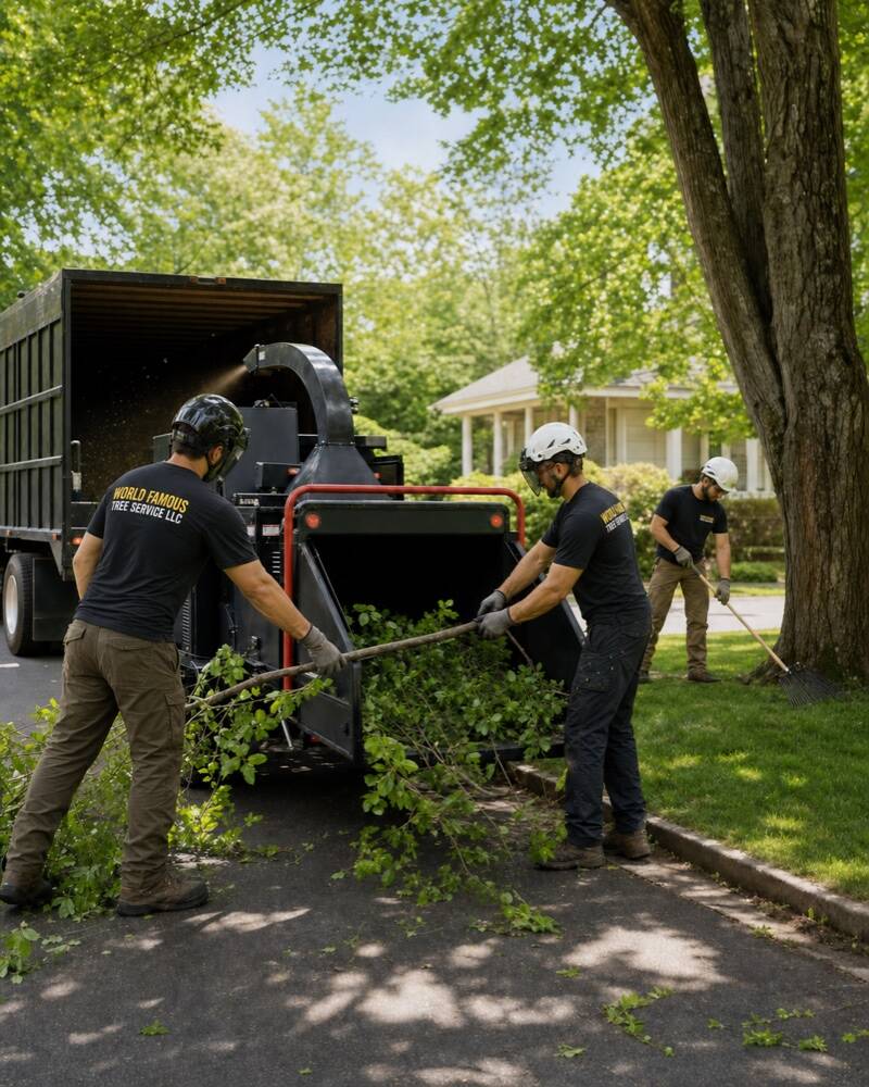 Professional tree-care crew completing a clean residential job site