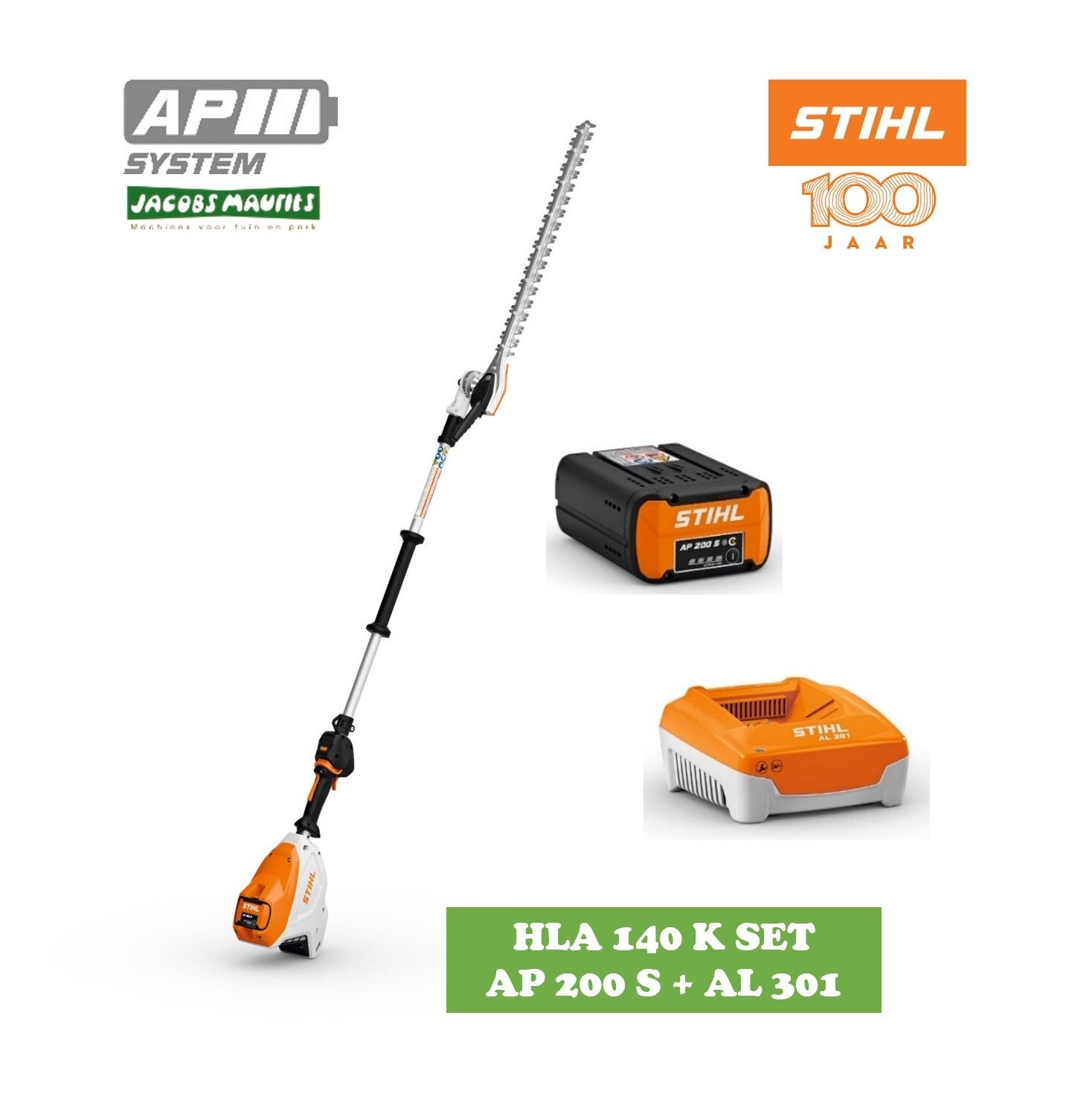 Stihl HLA 140 K PRO accu heggenschaar op steel (met AP 200 S accu en AL 301 lader)