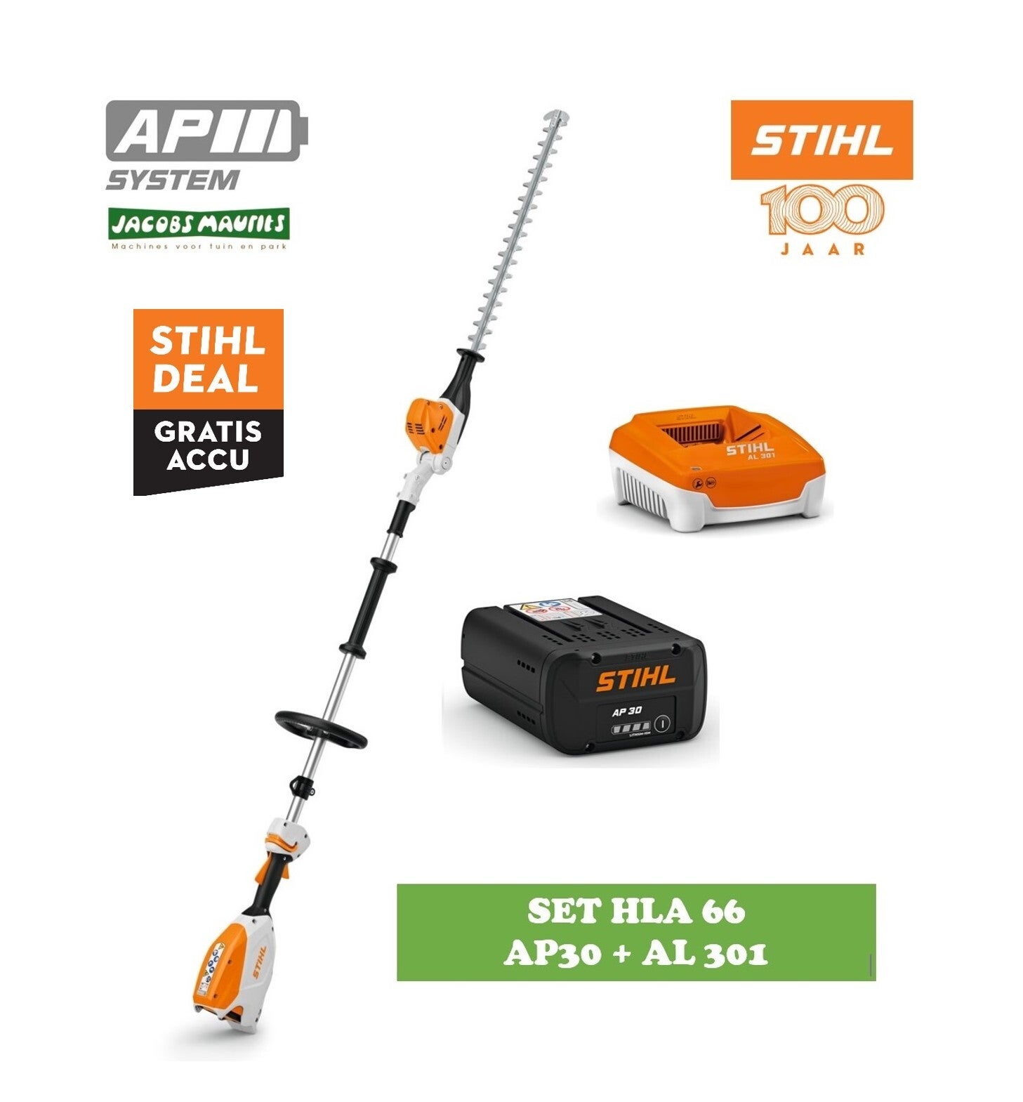 Stihl HLA 66 accu heggenschaar op steel (met AP 30 accu en AL 301 lader)