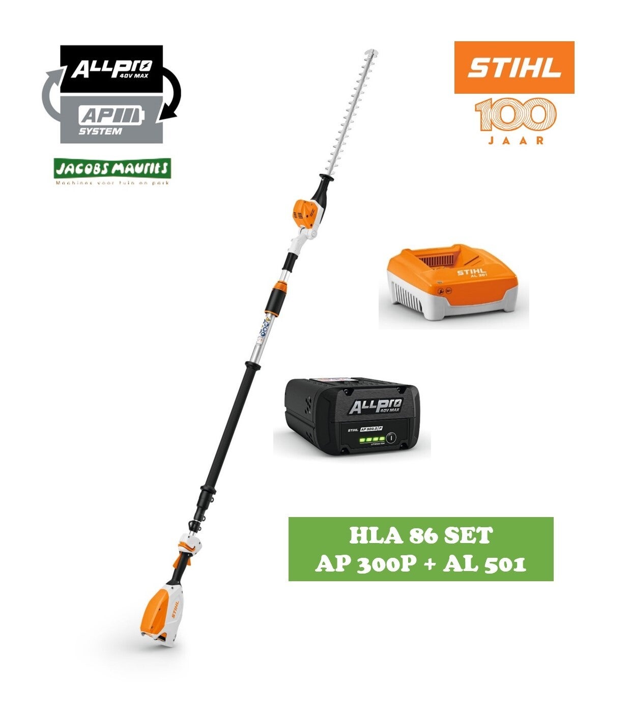 Stihl HLA 86 accu heggenschaar met telescoopsteel (met AP 300 P accu en AL 501 lader)