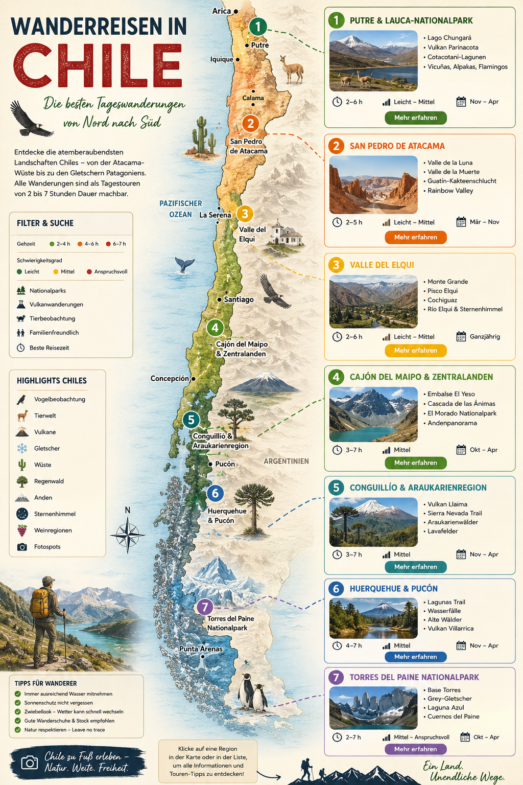 Trekking map for trekking tours in Chile
