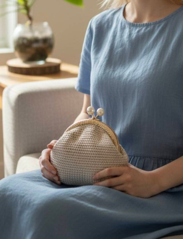 light gray crochet purse