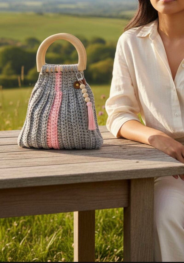 wooden handle bag gray/pink