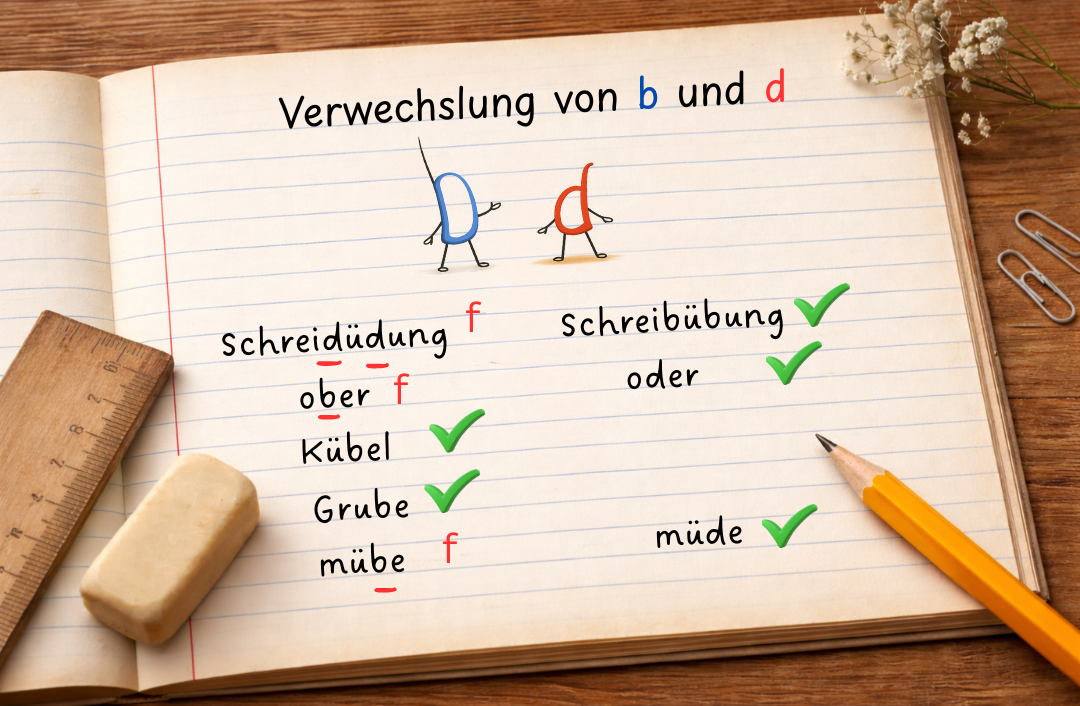 Verwechslung von b und d bei Kindern mit Beispielen für richtige und falsche Schreibweisen sowie Korrektur durch gezielte Schreibübungen