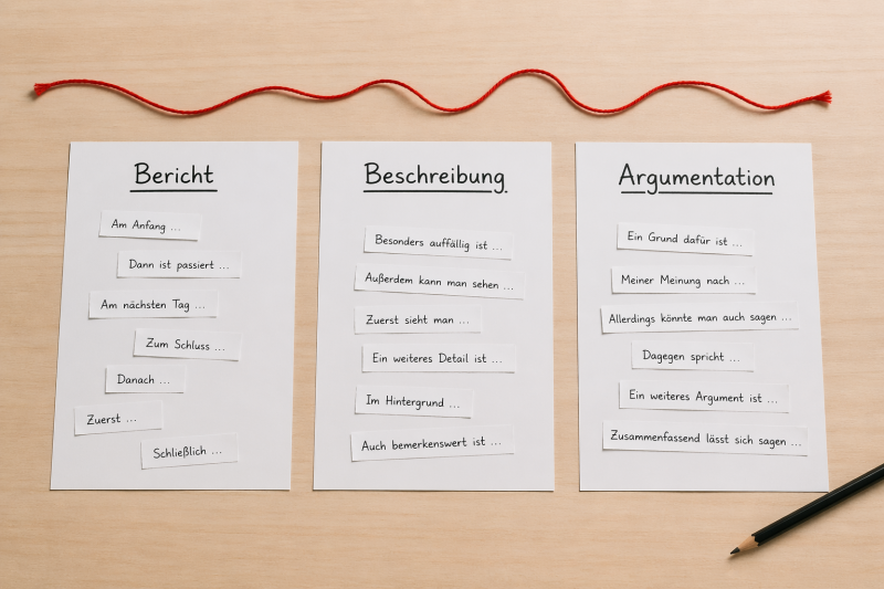 Drei Blätter mit den Überschriften Bericht, Beschreibung und Argumentation, darüber ein roter Faden als Symbol für fehlende Textstruktur.