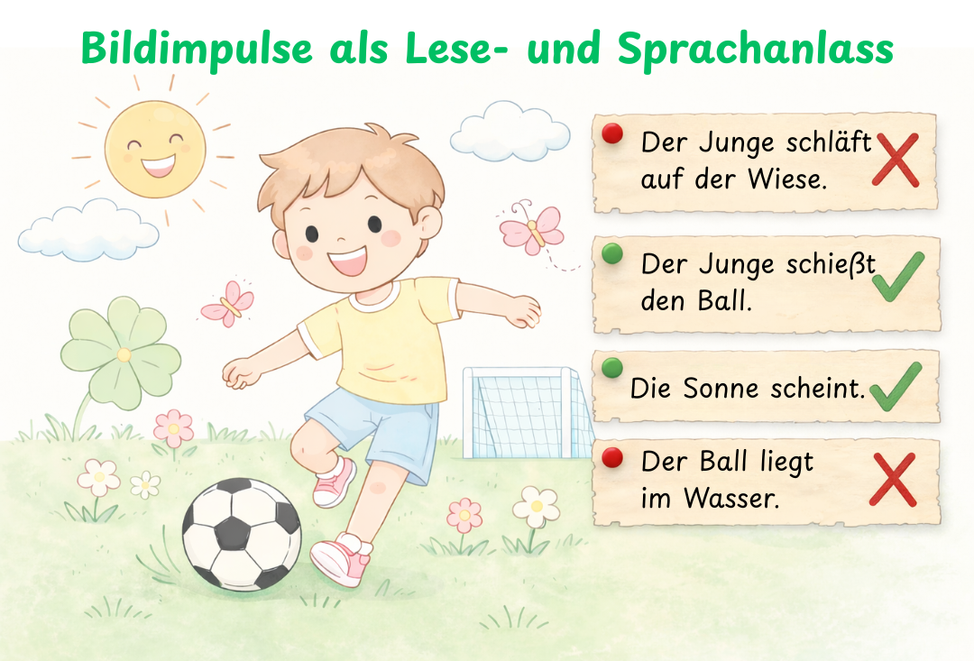 Bildimpuls im DaZ-Unterricht mit Aussagen zur Sprachförderung: Aussagen zum Fußballbild prüfen (richtig/falsch)