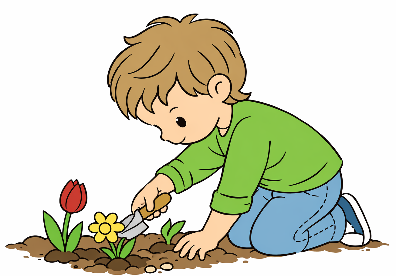Junge kniet im Garten und pflanzt mit einer Schaufel Blumen in die Erde – reduzierter Bildimpuls zur Sprachförderung bei neurodivergenten Kindern