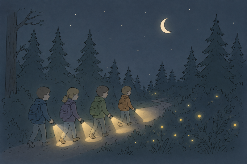 Illustration einer Nachtwanderung mit Taschenlampen und Glühwürmchen