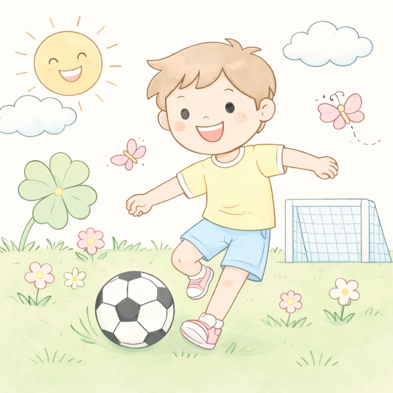 Bildimpuls zur Sprachförderung im DaZ-Unterricht: Junge spielt Fußball auf einer Wiese mit Sonne und Blumen
