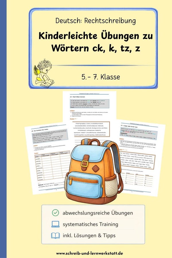 Kinderleichte Übungen mit Wörtern zu ck, k, tz, z