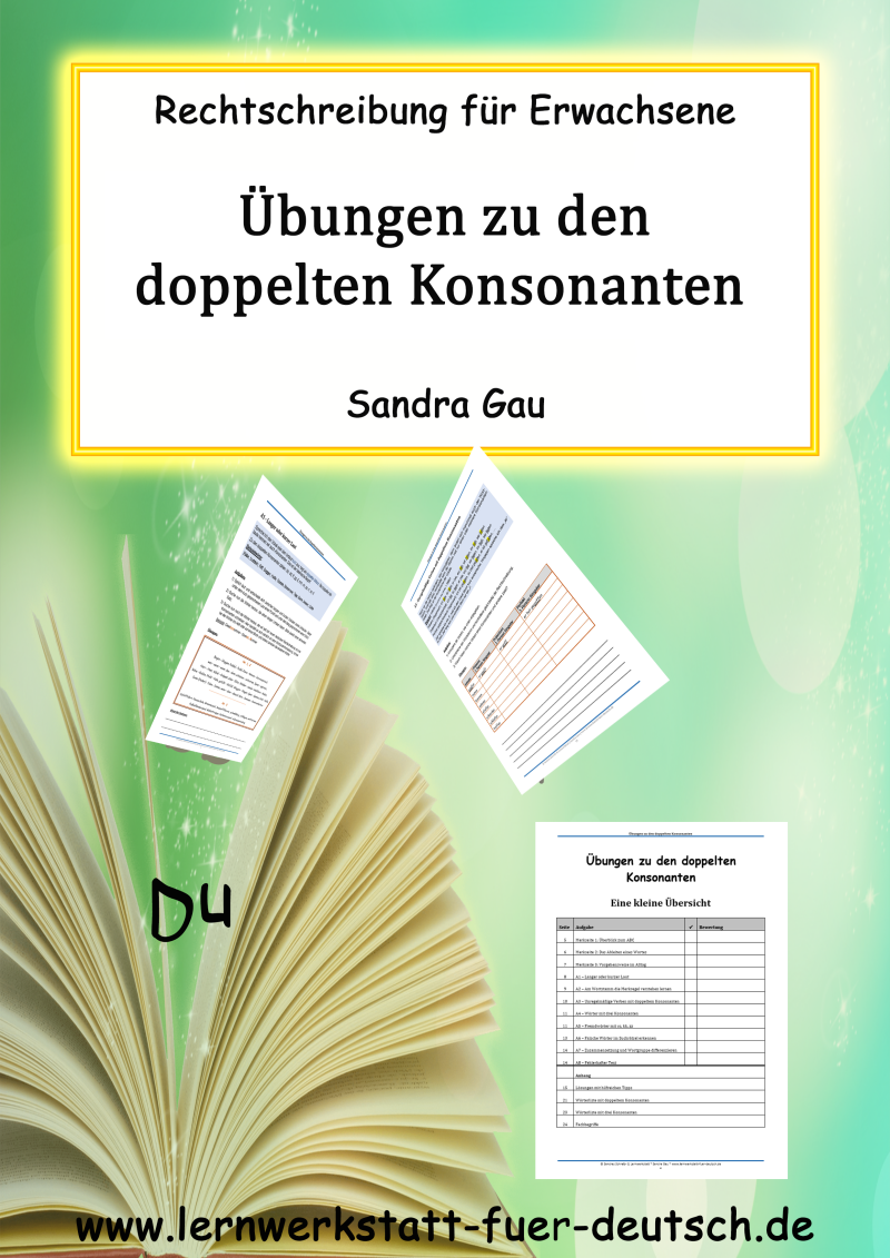 Lernmaterial für Erwachsene mit Lösungen, Wörter mit Doppelkonsonanten, Rechtschreibregeln doppelte Mitlaute, Wörter mit Doppelkonsonant Beispiele, Regel zu Doppelkonsonant, Aussprache Wörter mit doppeltem Konsonanten, Rechtschreibübungen für Erwachsene, 