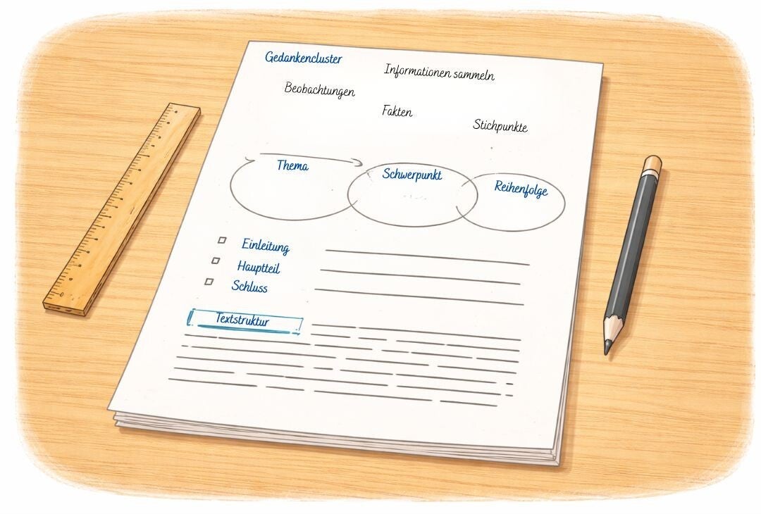 Grafische Darstellung der Schreibentwicklung: Gedankencluster mit Stichpunkten werden über Thema, Schwerpunkt und Reihenfolge zu einem strukturierten Text mit Einleitung, Hauptteil und Schluss geordnet.