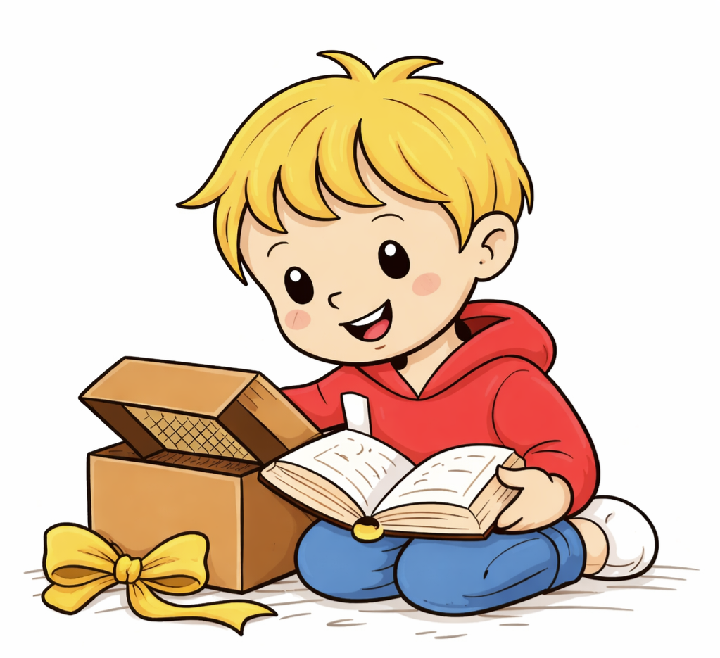 Minimalistische Illustration eines Jungen, der auf dem Boden sitzt und ein Buch liest, daneben eine Kiste mit Geschenkband – Bildimpuls zur Sprachförderung in Klasse 1