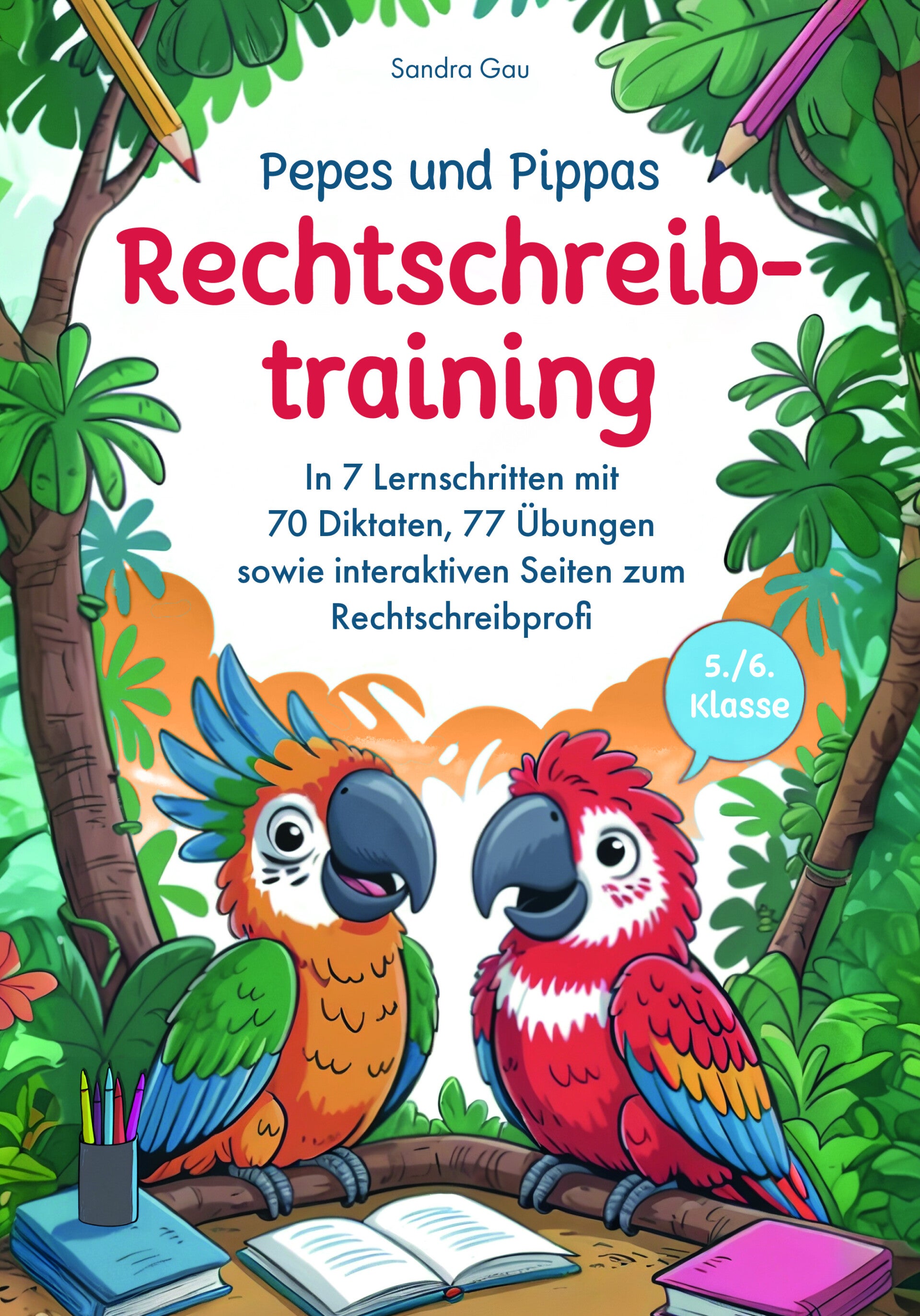 Rechtschreibbuch für die 5.–6. Klasse mit den Papageien Pepe und Pippa aus dem Amazonas-Regenwald, die die Schüler:innen spielerisch durch Rechtschreibung und Zeichensetzung begleiten.