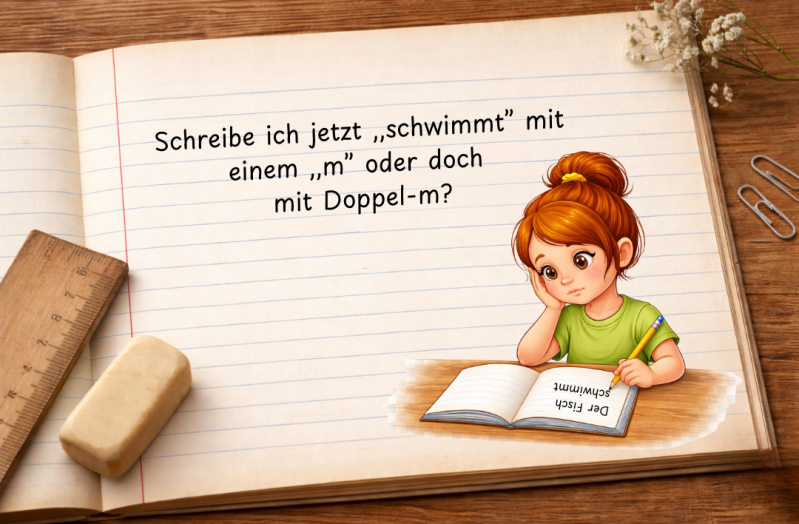 Kind überlegt beim Schreiben eines Wortes mit Doppelkonsonant und wirkt unsicher – Symbol für Rechtschreibunsicherheit und fehlende nachhaltige Schreibsicherheit